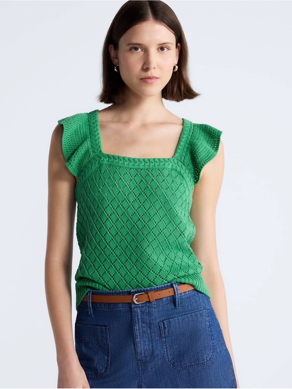 Free assembly, cotton square neck flutter sleeve sweater